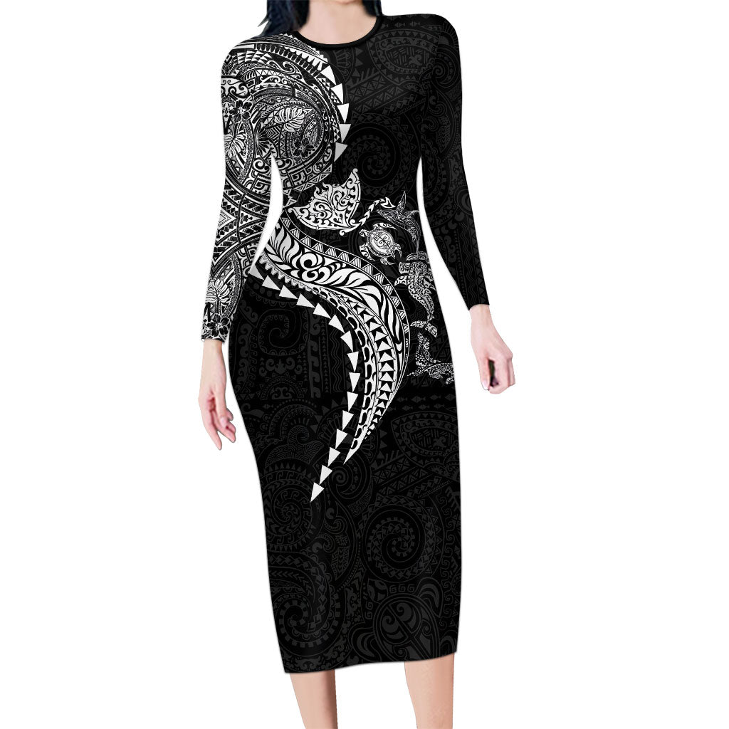 Hawaiian Kakau Tribal Sea Animals Tattoos Family Matching Long Sleeve Bodycon Dress and Hawaiian Shirt Black Color LT03 Mom's Dress Black - Polynesian Pride