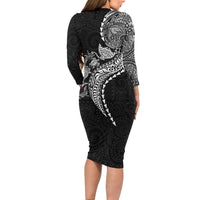 Hawaiian Kakau Tribal Sea Animals Tattoos Family Matching Long Sleeve Bodycon Dress and Hawaiian Shirt Black Color LT03 - Polynesian Pride