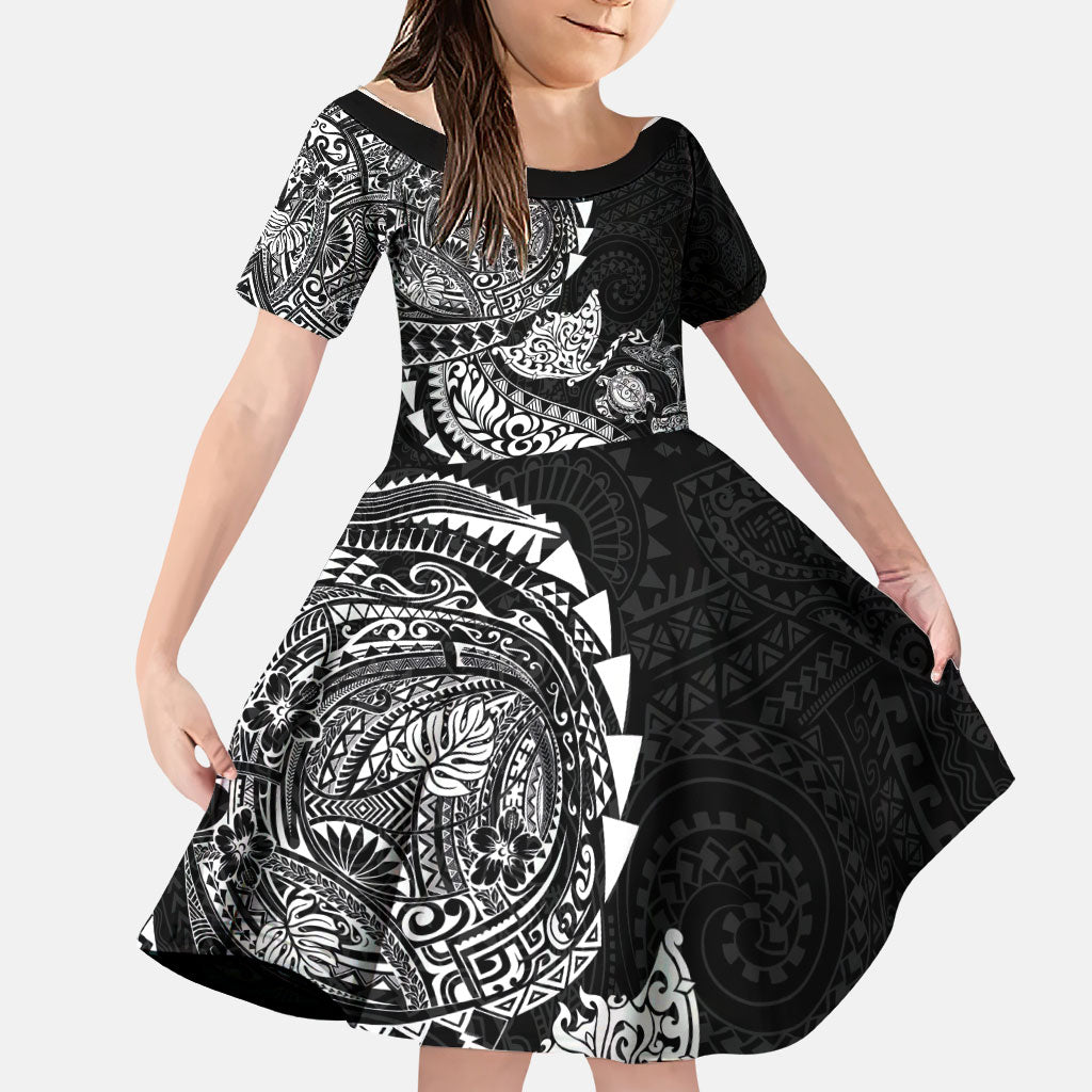 Hawaiian Kakau Tribal Sea Animals Tattoos Family Matching Mermaid Dress and Hawaiian Shirt Black Color LT03 Daughter's Dress Black - Polynesian Pride