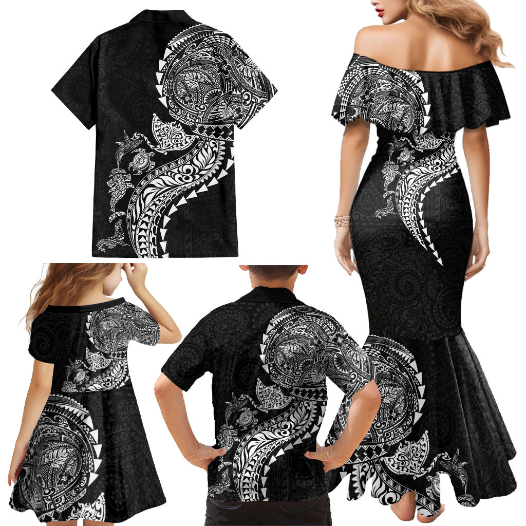 Hawaiian Kakau Tribal Sea Animals Tattoos Family Matching Mermaid Dress and Hawaiian Shirt Black Color LT03 - Polynesian Pride