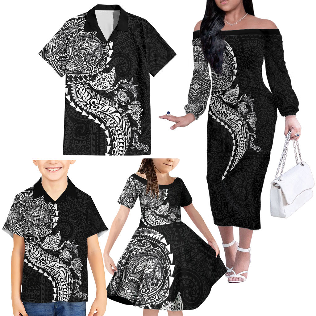 Hawaiian Kakau Tribal Sea Animals Tattoos Family Matching Off The Shoulder Long Sleeve Dress and Hawaiian Shirt Black Color LT03 - Polynesian Pride