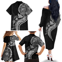 Hawaiian Kakau Tribal Sea Animals Tattoos Family Matching Off The Shoulder Long Sleeve Dress and Hawaiian Shirt Black Color LT03 - Polynesian Pride