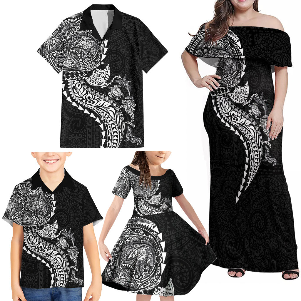 Hawaiian Kakau Tribal Sea Animals Tattoos Family Matching Off Shoulder Maxi Dress and Hawaiian Shirt Black Color LT03 - Polynesian Pride