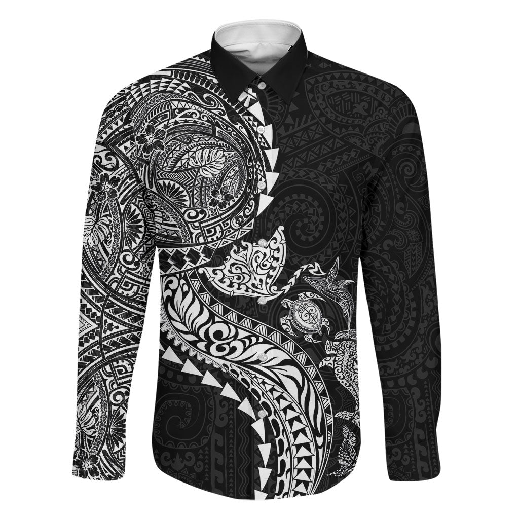 Hawaiian Kakau Tribal Sea Animals Tattoos Family Matching Off Shoulder Maxi Dress and Hawaiian Shirt Black Color LT03 Dad's Shirt - Long Sleeve Black - Polynesian Pride