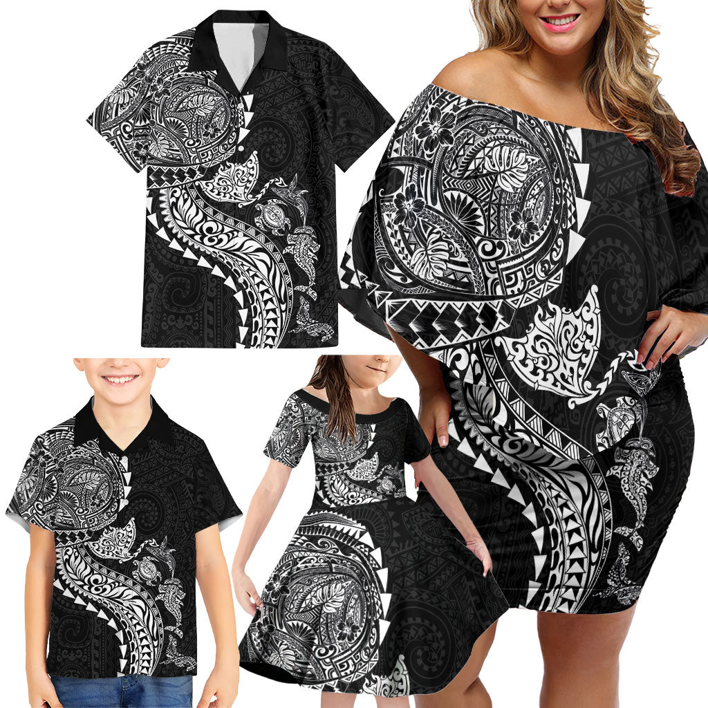 Hawaiian Kakau Tribal Sea Animals Tattoos Family Matching Off Shoulder Short Dress and Hawaiian Shirt Black Color LT03 - Polynesian Pride