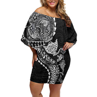 Hawaiian Kakau Tribal Sea Animals Tattoos Family Matching Off Shoulder Short Dress and Hawaiian Shirt Black Color LT03 Mom's Dress Black - Polynesian Pride