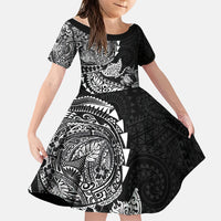 Hawaiian Kakau Tribal Sea Animals Tattoos Family Matching Puletasi and Hawaiian Shirt Black Color LT03 Daughter's Dress Black - Polynesian Pride