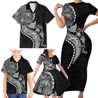 Hawaiian Kakau Tribal Sea Animals Tattoos Family Matching Short Sleeve Bodycon Dress and Hawaiian Shirt Black Color LT03 - Polynesian Pride