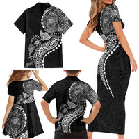 Hawaiian Kakau Tribal Sea Animals Tattoos Family Matching Short Sleeve Bodycon Dress and Hawaiian Shirt Black Color LT03 - Polynesian Pride