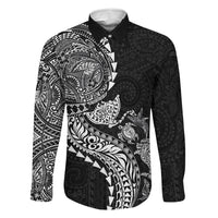 Hawaiian Kakau Tribal Sea Animals Tattoos Family Matching Short Sleeve Bodycon Dress and Hawaiian Shirt Black Color LT03 Dad's Shirt - Long Sleeve Black - Polynesian Pride