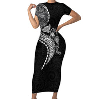 Hawaiian Kakau Tribal Sea Animals Tattoos Family Matching Short Sleeve Bodycon Dress and Hawaiian Shirt Black Color LT03 Mom's Dress Black - Polynesian Pride