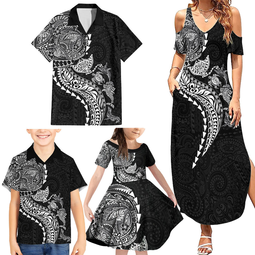 Hawaiian Kakau Tribal Sea Animals Tattoos Family Matching Summer Maxi Dress and Hawaiian Shirt Black Color LT03 - Polynesian Pride
