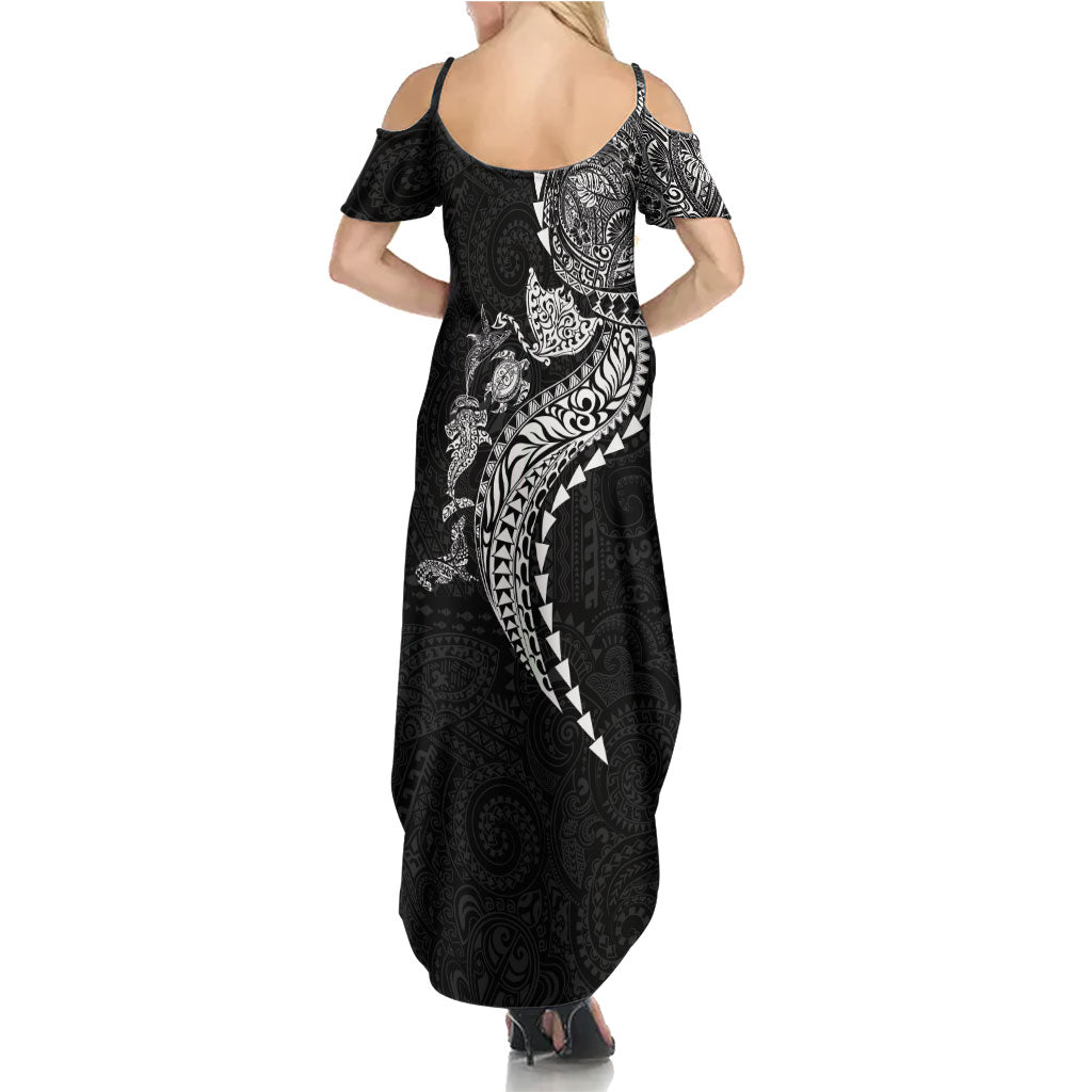 Hawaiian Kakau Tribal Sea Animals Tattoos Family Matching Summer Maxi Dress and Hawaiian Shirt Black Color LT03 - Polynesian Pride