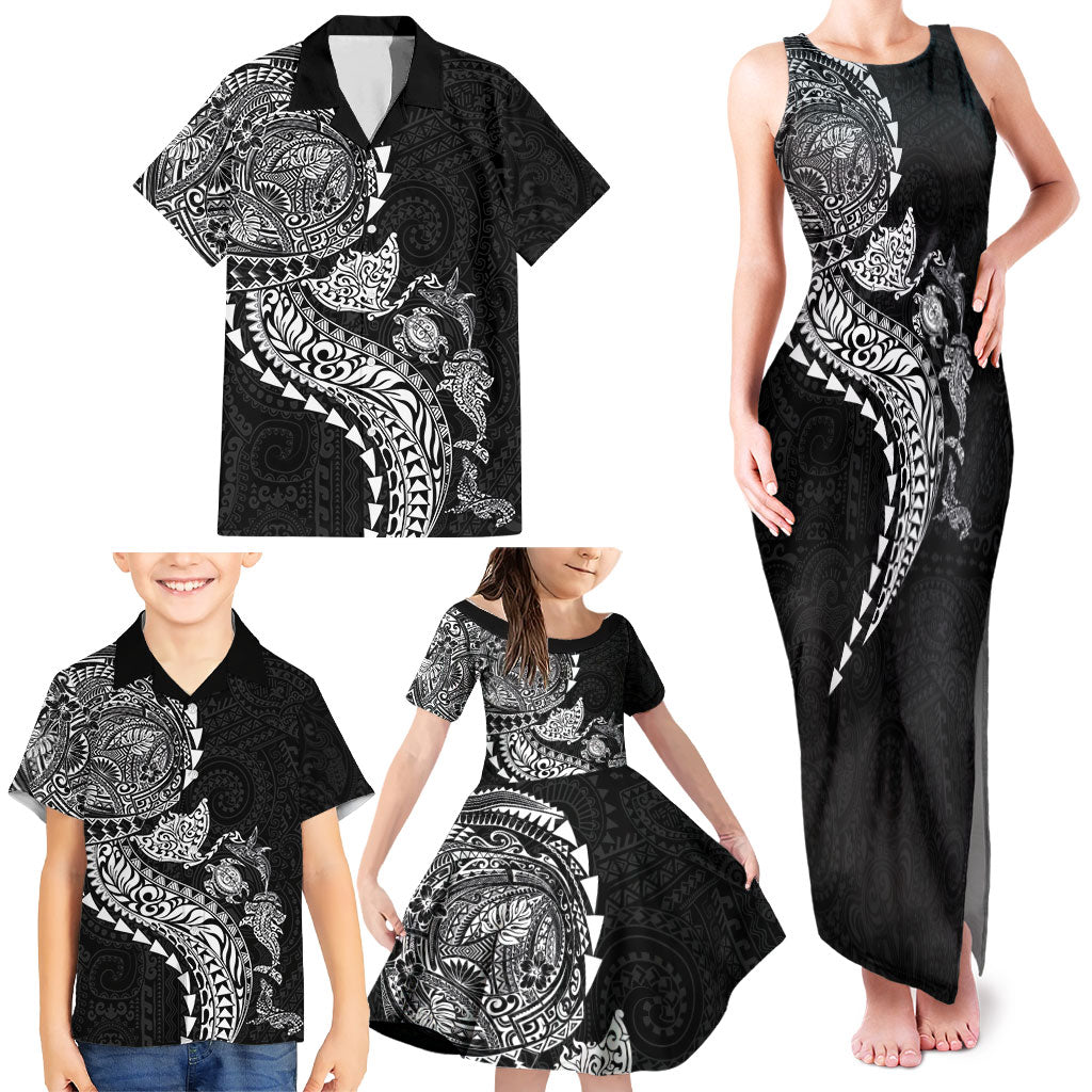 Hawaiian Kakau Tribal Sea Animals Tattoos Family Matching Tank Maxi Dress and Hawaiian Shirt Black Color