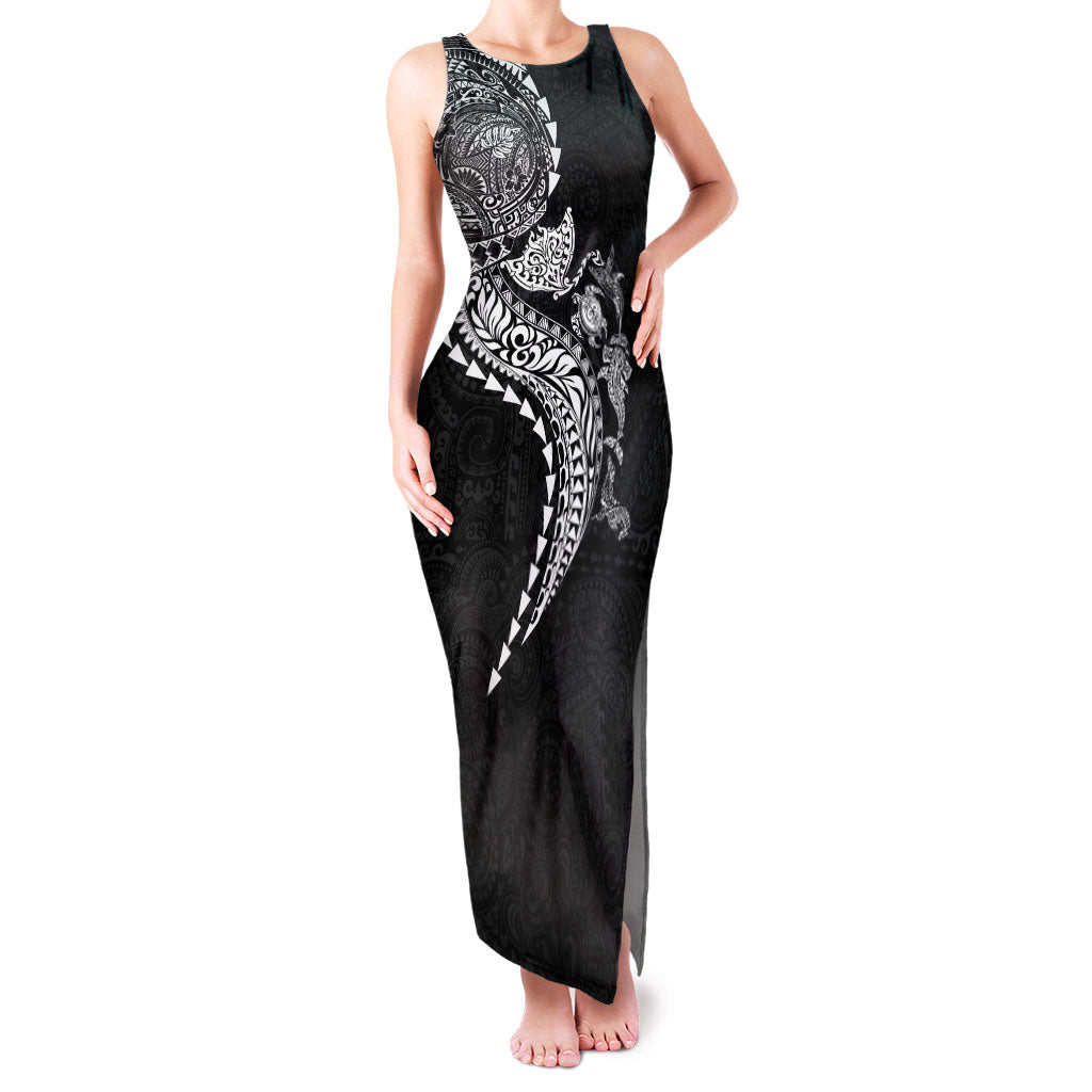 Hawaiian Kakau Tribal Sea Animals Tattoos Family Matching Tank Maxi Dress and Hawaiian Shirt Black Color LT03 Mom's Dress Black - Polynesian Pride