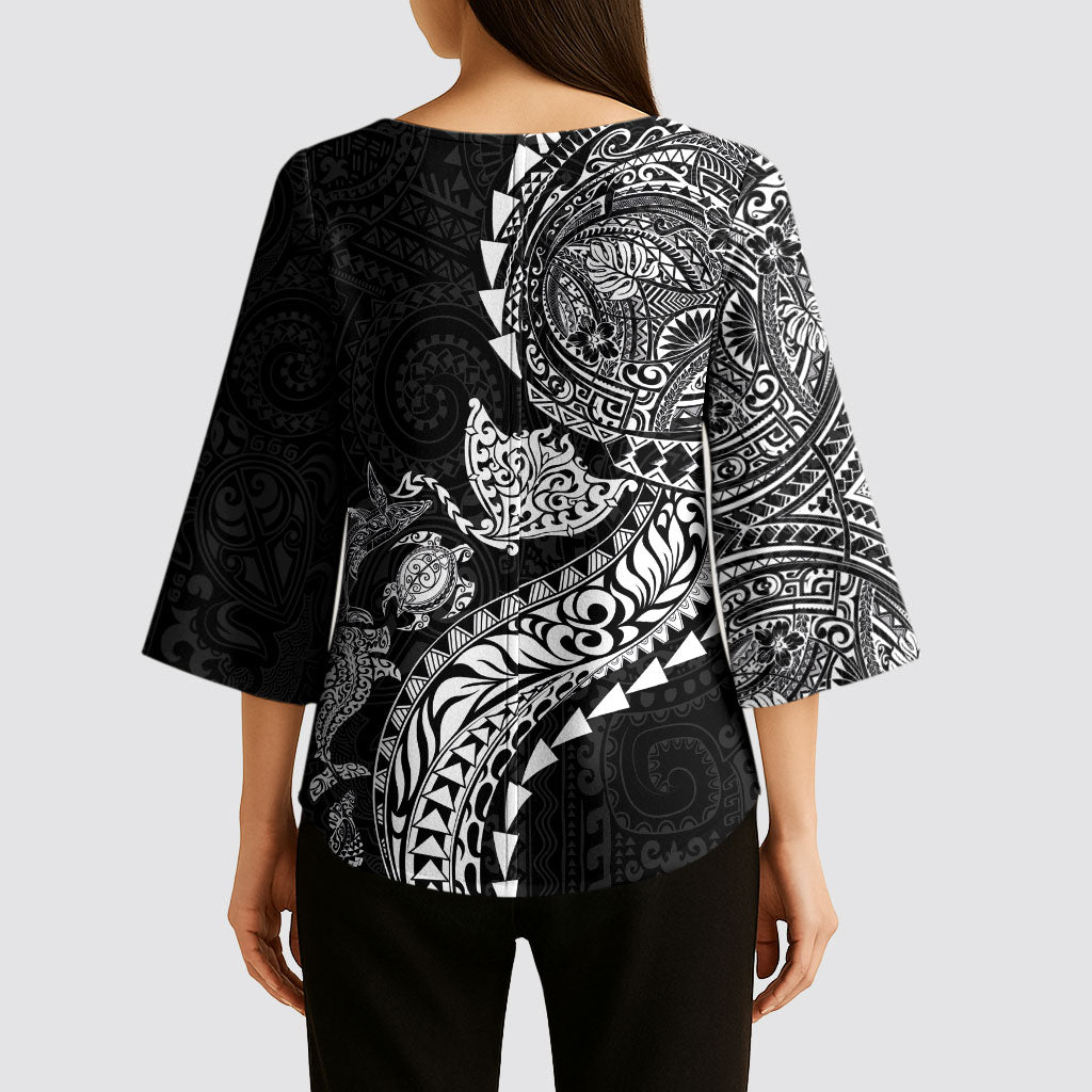 Hawaiian Kakau Tribal Sea Animals Tattoos Kimono Sleeve Blouse Black Color