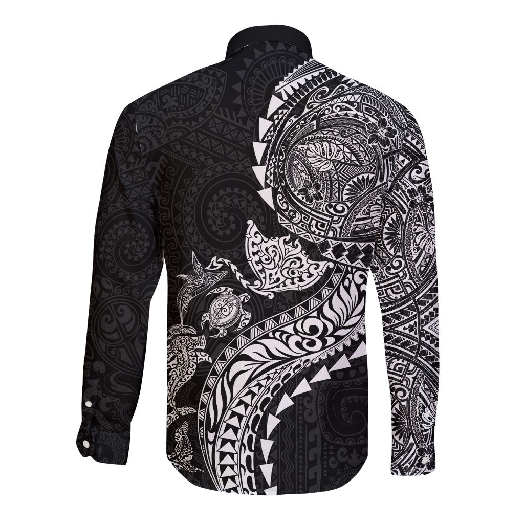 Hawaiian Kakau Tribal Sea Animals Tattoos Long Sleeve Button Shirt Black Color