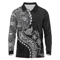Hawaiian Kakau Tribal Sea Animals Tattoos Long Sleeve Polo Shirt Black Color