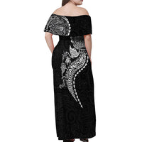 Hawaiian Kakau Tribal Sea Animals Tattoos Off Shoulder Maxi Dress Black Color