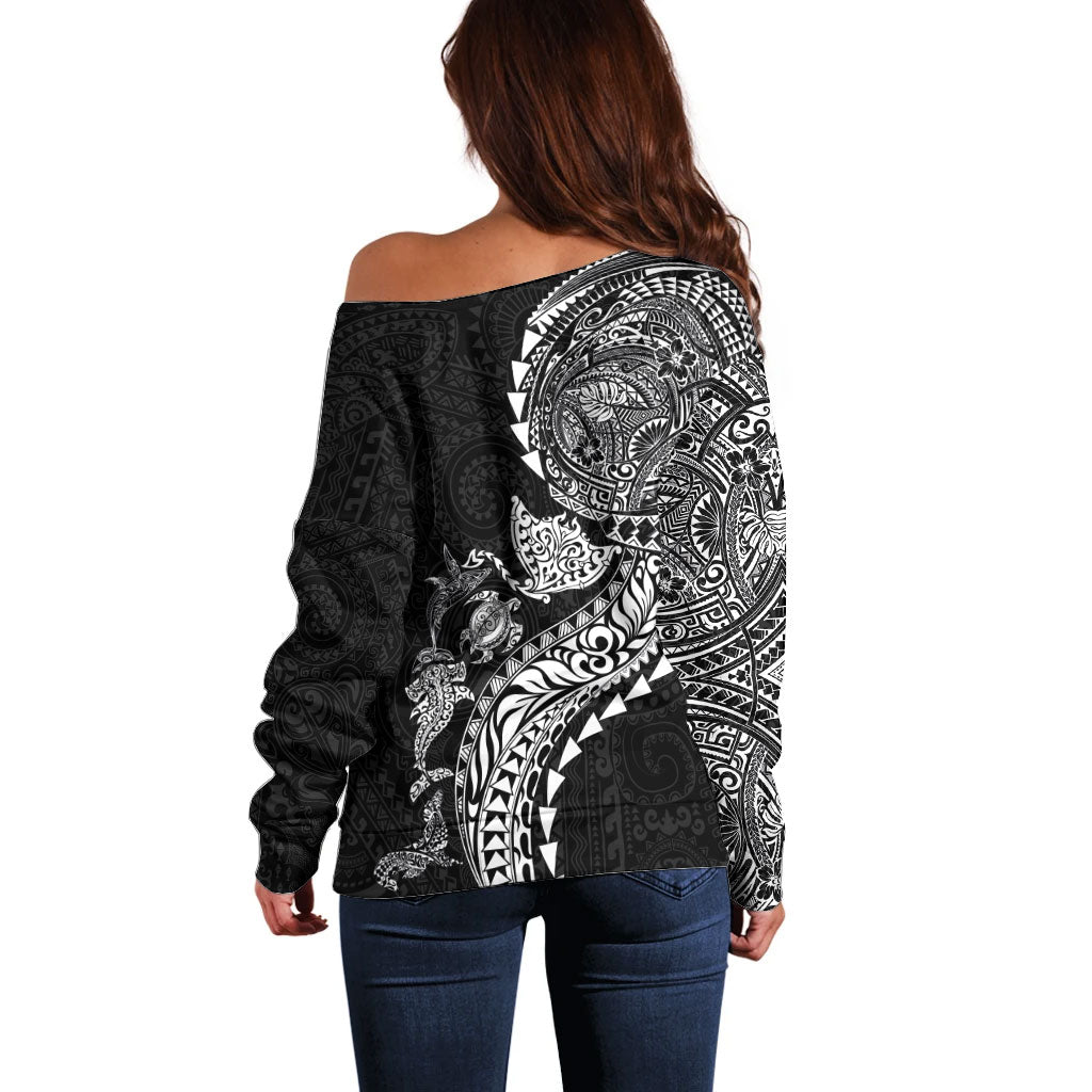 Hawaiian Kakau Tribal Sea Animals Tattoos Off Shoulder Sweater Black Color