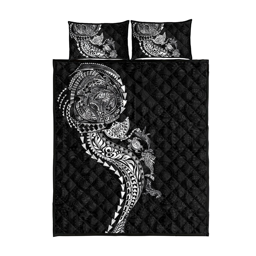 Hawaiian Kakau Tribal Sea Animals Tattoos Quilt Bed Set Black Color