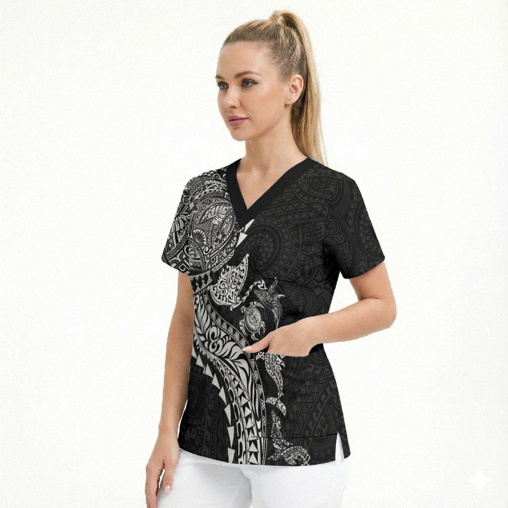 Hawaiian Kakau Tribal Sea Animals Tattoos Scrub Top Black Color