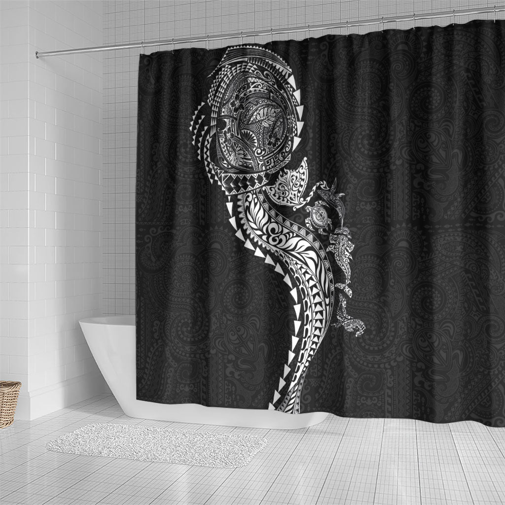 Hawaiian Kakau Tribal Sea Animals Tattoos Shower Curtain Black Color
