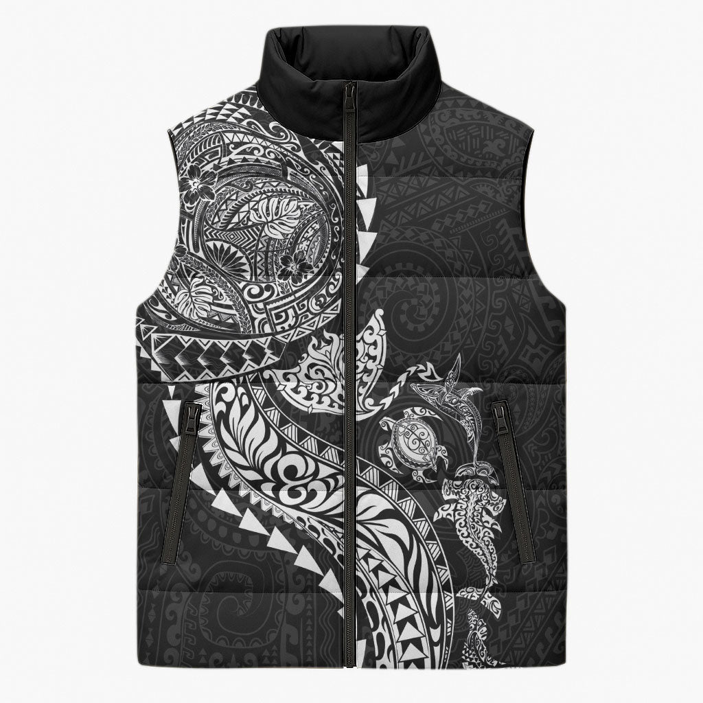 Hawaiian Kakau Tribal Sea Animals Tattoos Sleeveless Puffer Jacket Black Color