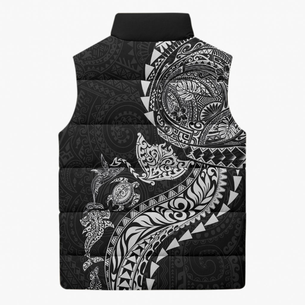 Hawaiian Kakau Tribal Sea Animals Tattoos Sleeveless Puffer Jacket Black Color