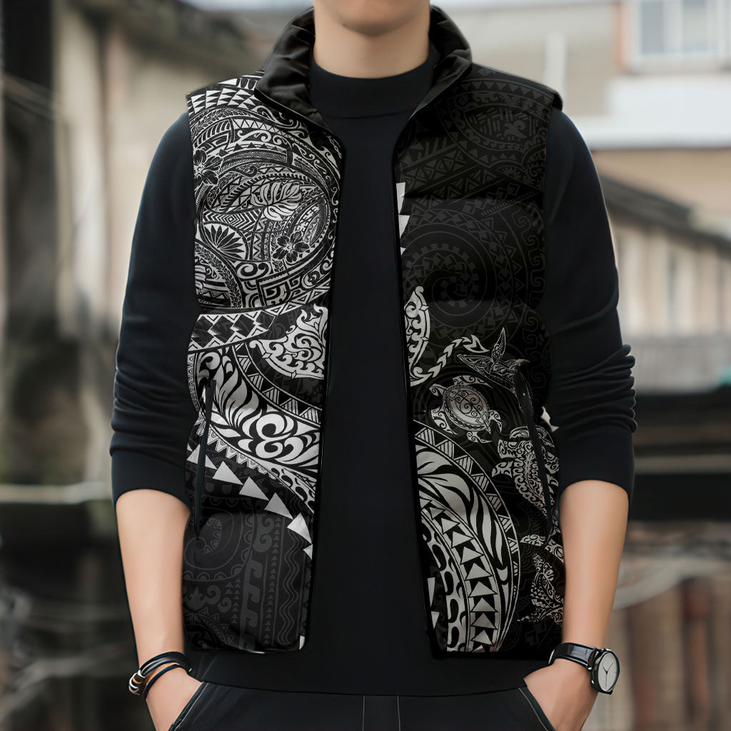 Hawaiian Kakau Tribal Sea Animals Tattoos Sleeveless Puffer Jacket Black Color