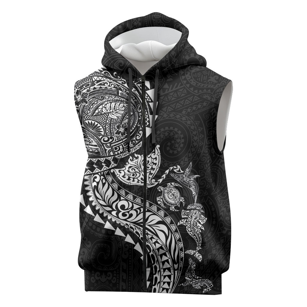 Hawaiian Kakau Tribal Sea Animals Tattoos Sleeveless Zip Hoodie Black Color LT03 Black - Polynesian Pride