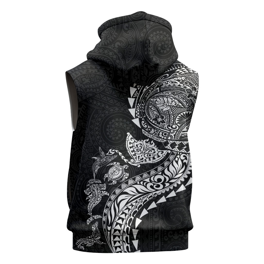 Hawaiian Kakau Tribal Sea Animals Tattoos Sleeveless Zip Hoodie Black Color LT03 - Polynesian Pride