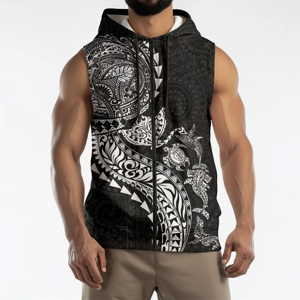 Hawaiian Kakau Tribal Sea Animals Tattoos Sleeveless Zip Hoodie Black Color LT03 - Polynesian Pride