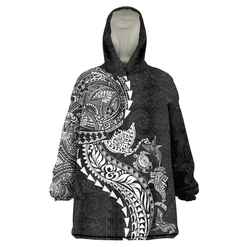 Hawaiian Kakau Tribal Sea Animals Tattoos Wearable Blanket Hoodie Black Color