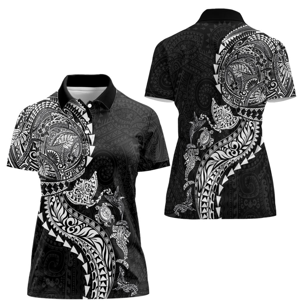 Hawaiian Kakau Tribal Sea Animals Tattoos Women Polo Shirt Black Color LT03 - Polynesian Pride