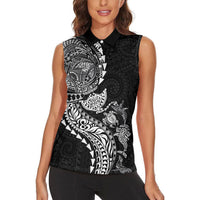 Hawaiian Kakau Tribal Sea Animals Tattoos Women Sleeveless Polo Shirt Black Color LT03 - Polynesian Pride