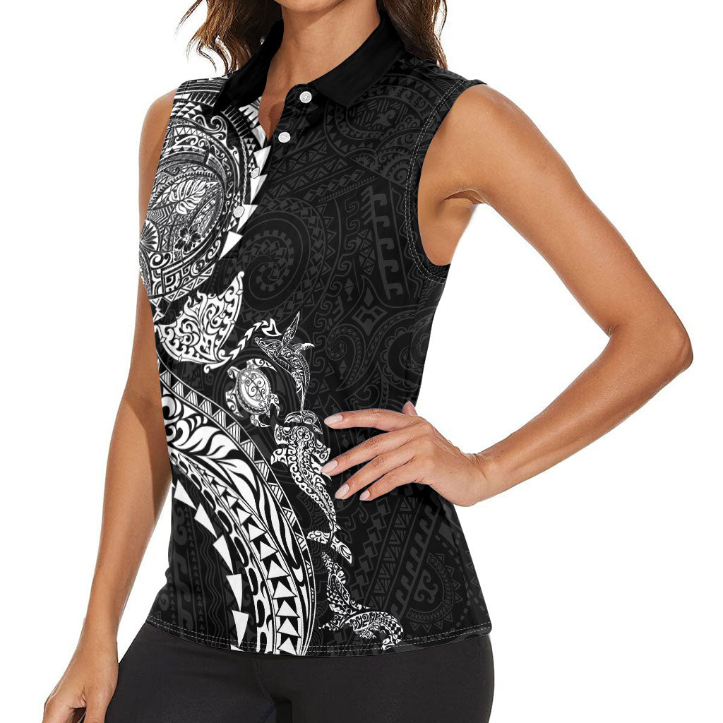Hawaiian Kakau Tribal Sea Animals Tattoos Women Sleeveless Polo Shirt Black Color LT03 - Polynesian Pride