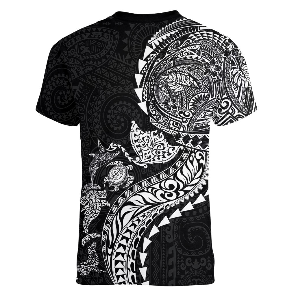 Hawaiian Kakau Tribal Sea Animals Tattoos Women V-Neck T-Shirt Black Color LT03 - Polynesian Pride