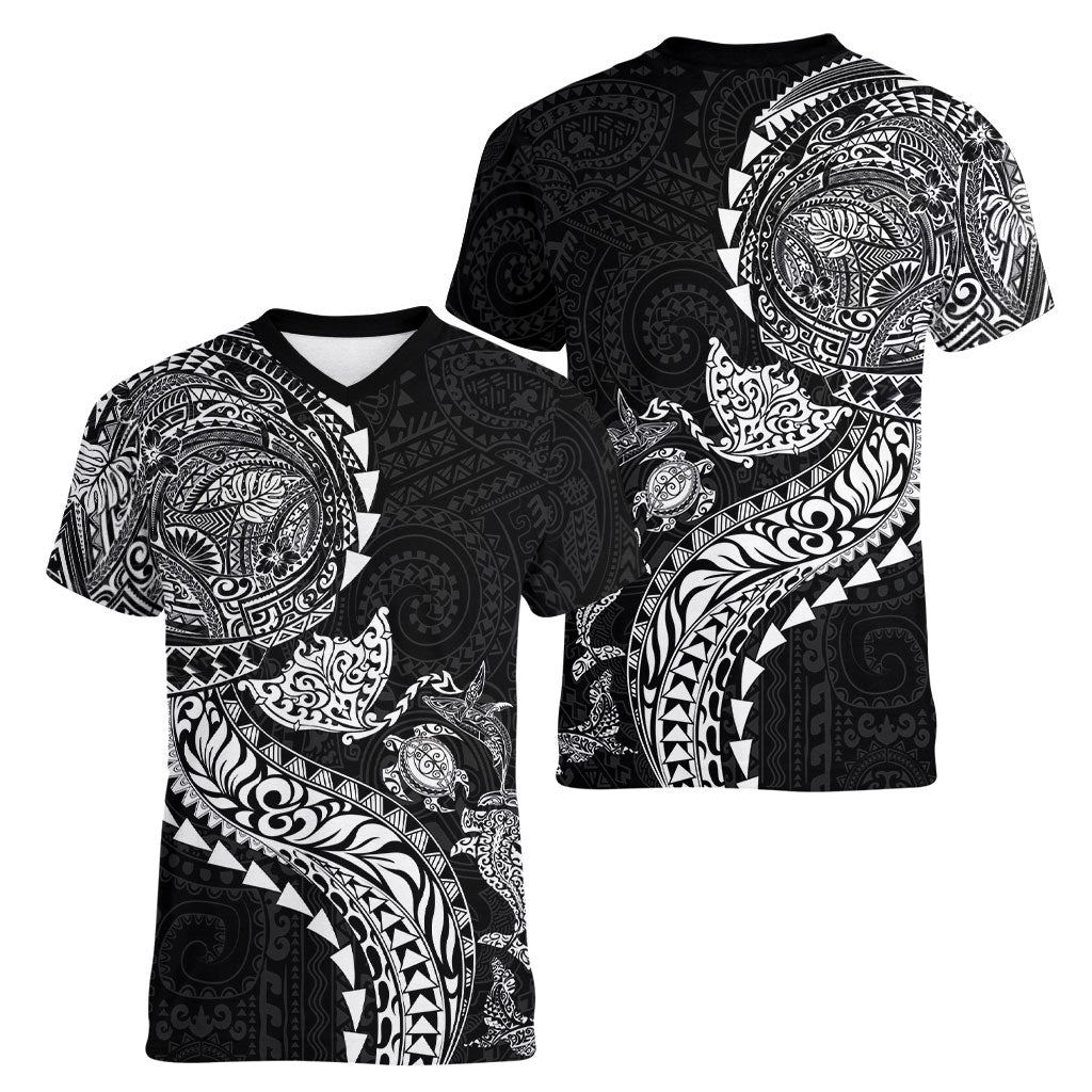 Hawaiian Kakau Tribal Sea Animals Tattoos Women V-Neck T-Shirt Black Color LT03 - Polynesian Pride