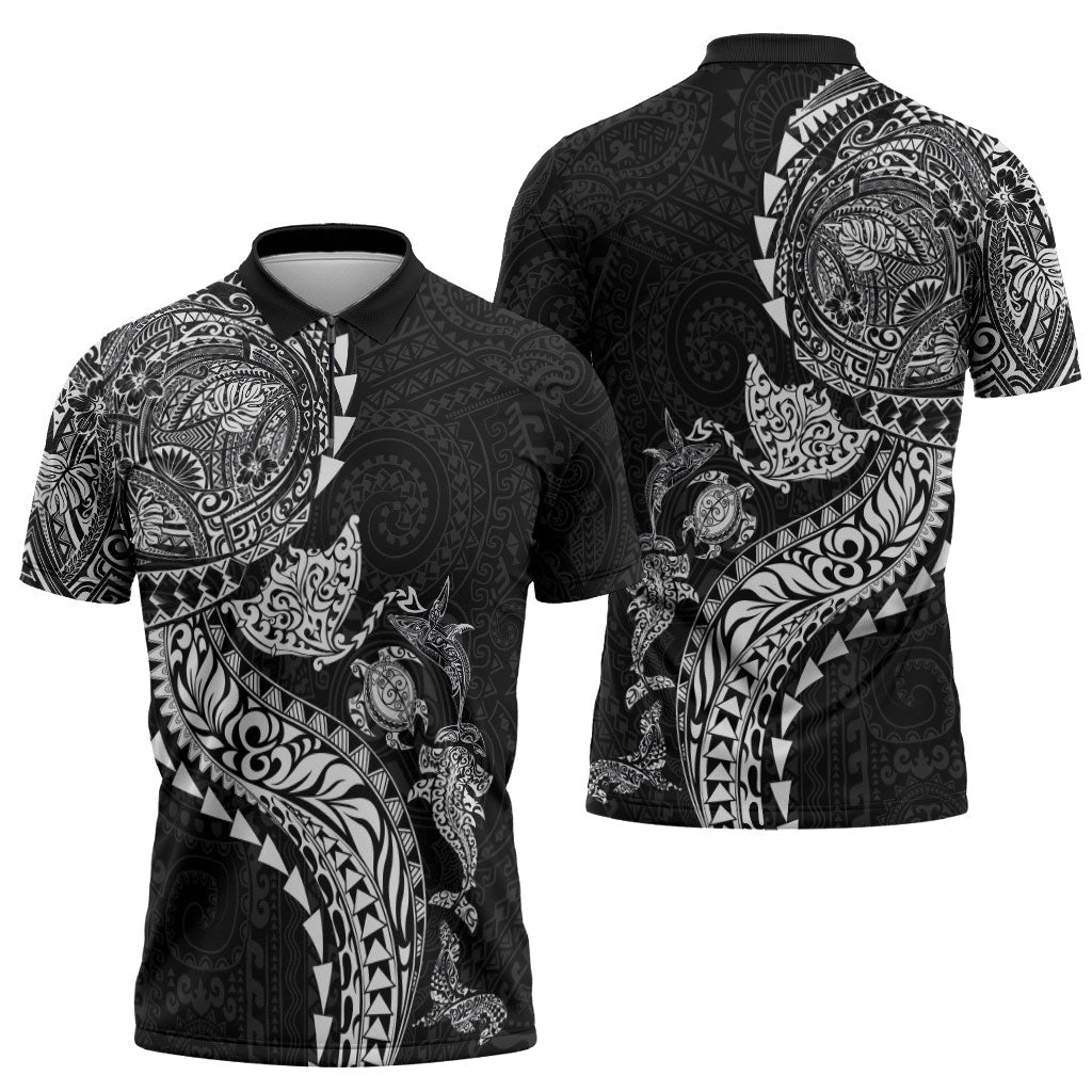Hawaiian Kakau Tribal Sea Animals Tattoos Zipper Polo Shirt Black Color