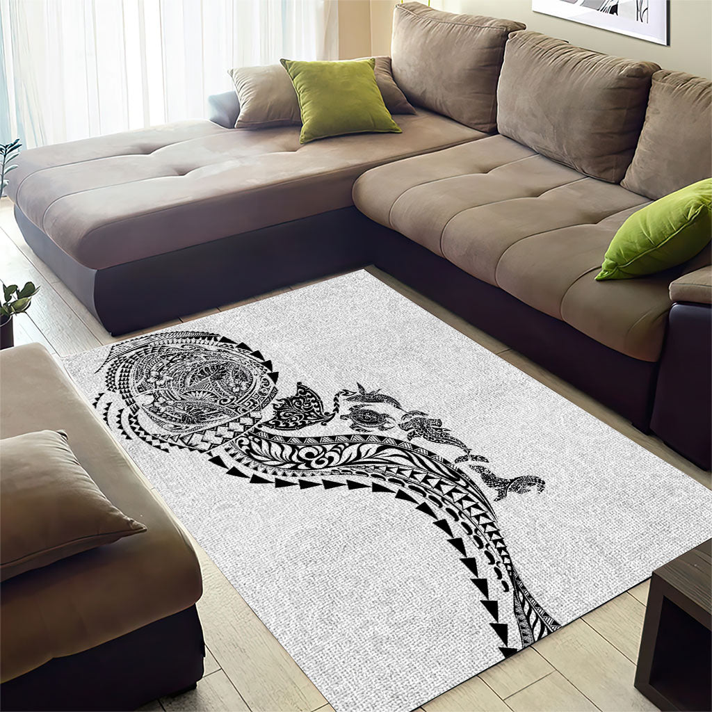 Hawaiian Kakau Tribal Sea Animals Tattoos Area Rug White Color