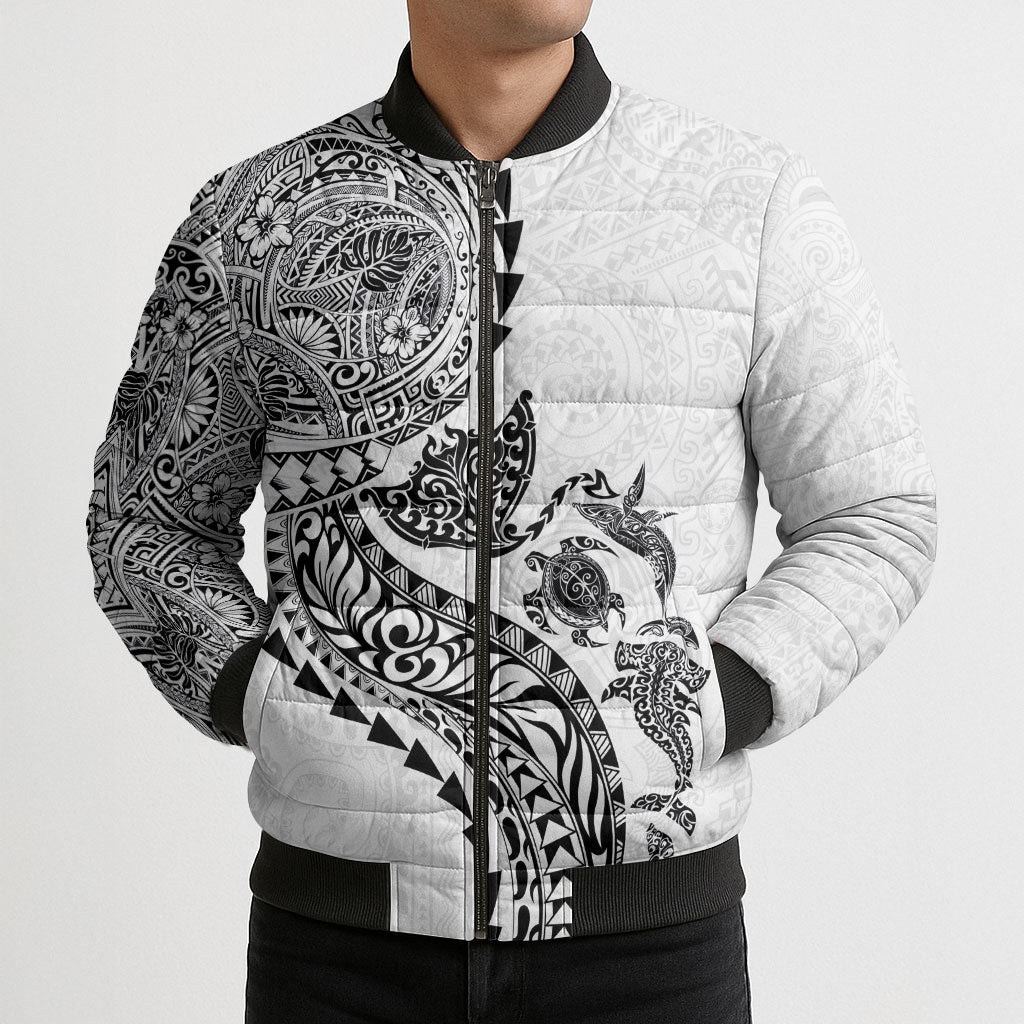 Hawaiian Kakau Tribal Sea Animals Tattoos Bomber Puffer Jacket White Color