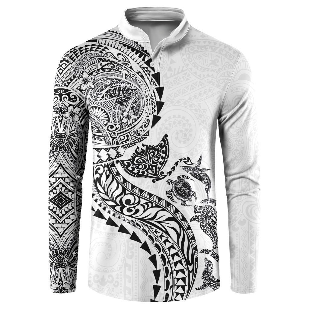 Hawaiian Kakau Tribal Sea Animals Tattoos Button Sweatshirt White Color