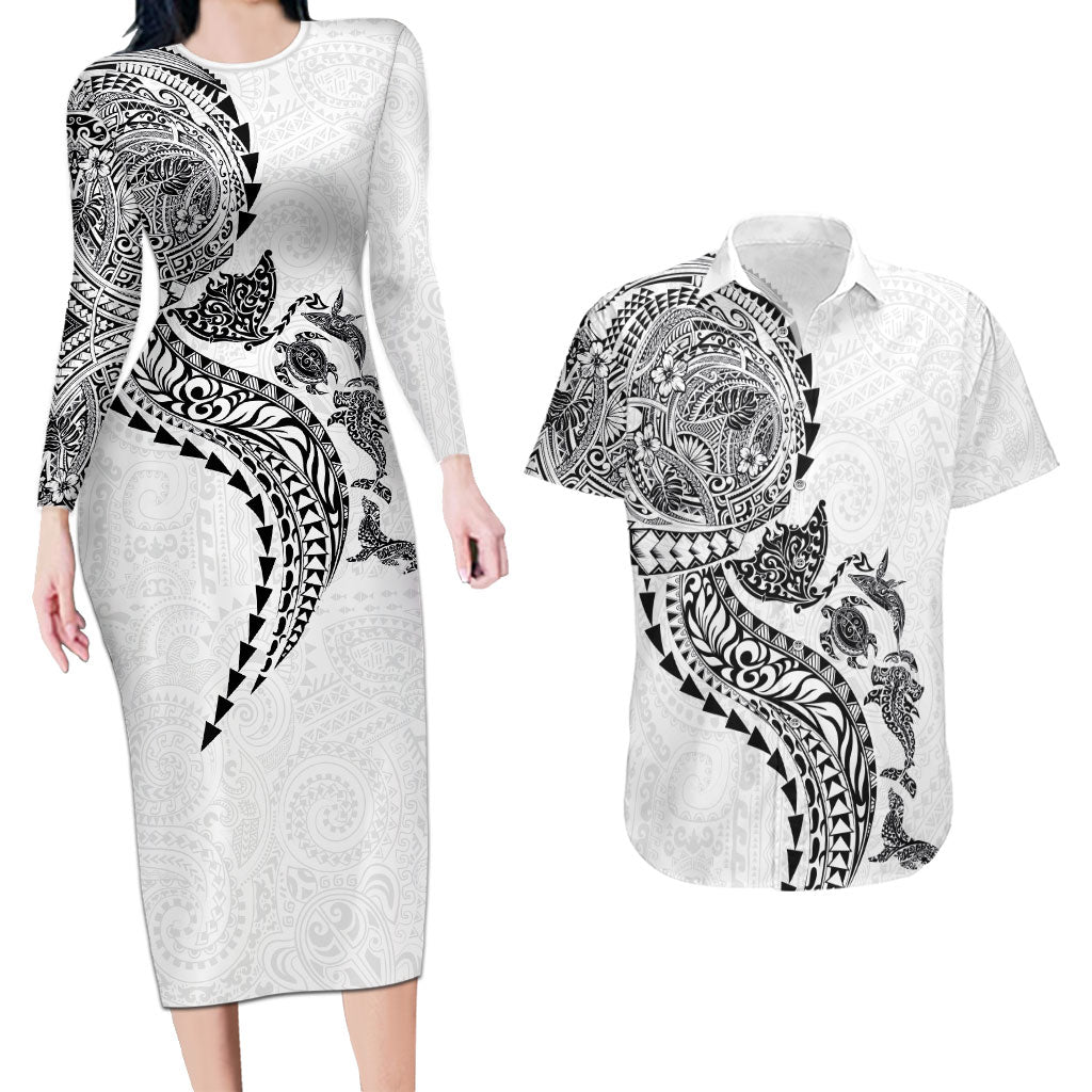 Hawaiian Kakau Tribal Sea Animals Tattoos Couples Matching Long Sleeve Bodycon Dress and Hawaiian Shirt White Color LT03 White - Polynesian Pride