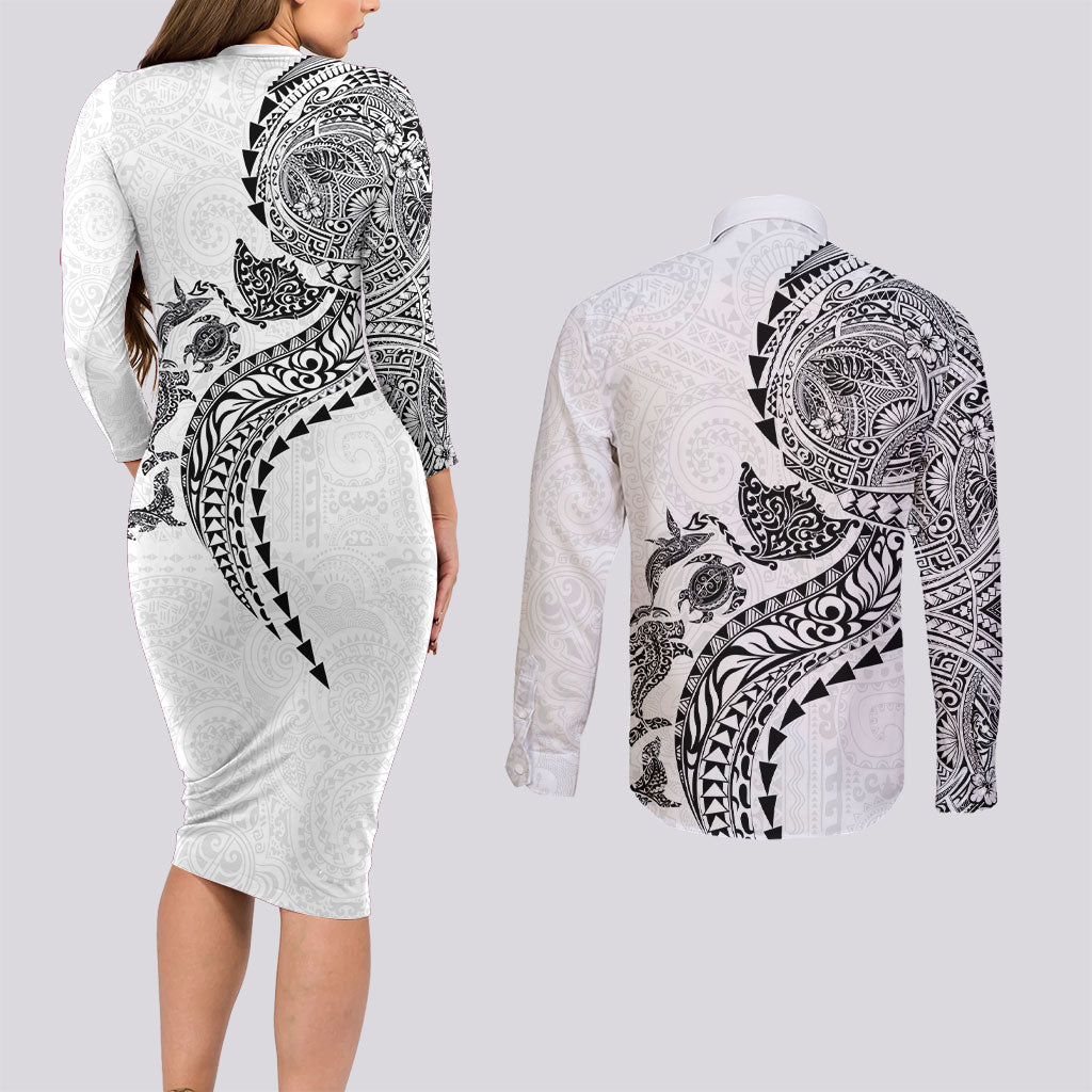 Hawaiian Kakau Tribal Sea Animals Tattoos Couples Matching Long Sleeve Bodycon Dress and Long Sleeve Button Shirt White Color LT03 - Polynesian Pride