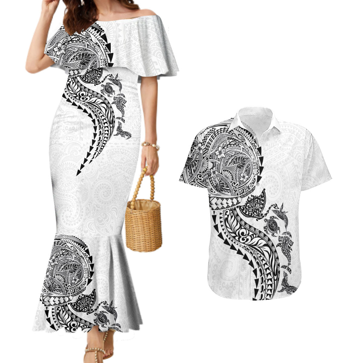 Hawaiian Kakau Tribal Sea Animals Tattoos Couples Matching Mermaid Dress and Hawaiian Shirt White Color LT03 White - Polynesian Pride