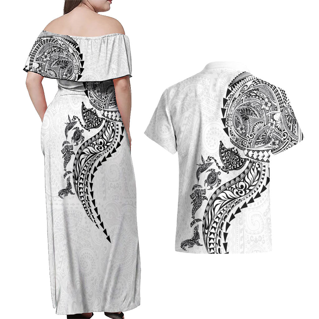 Hawaiian Kakau Tribal Sea Animals Tattoos Couples Matching Off Shoulder Maxi Dress and Hawaiian Shirt White Color LT03 - Polynesian Pride
