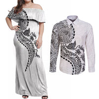 Hawaiian Kakau Tribal Sea Animals Tattoos Couples Matching Off Shoulder Maxi Dress and Long Sleeve Button Shirt White Color LT03 White - Polynesian Pride