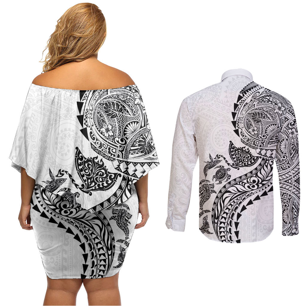 Hawaiian Kakau Tribal Sea Animals Tattoos Couples Matching Off Shoulder Short Dress and Long Sleeve Button Shirt White Color LT03 - Polynesian Pride