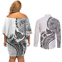 Hawaiian Kakau Tribal Sea Animals Tattoos Couples Matching Off Shoulder Short Dress and Long Sleeve Button Shirt White Color LT03 - Polynesian Pride